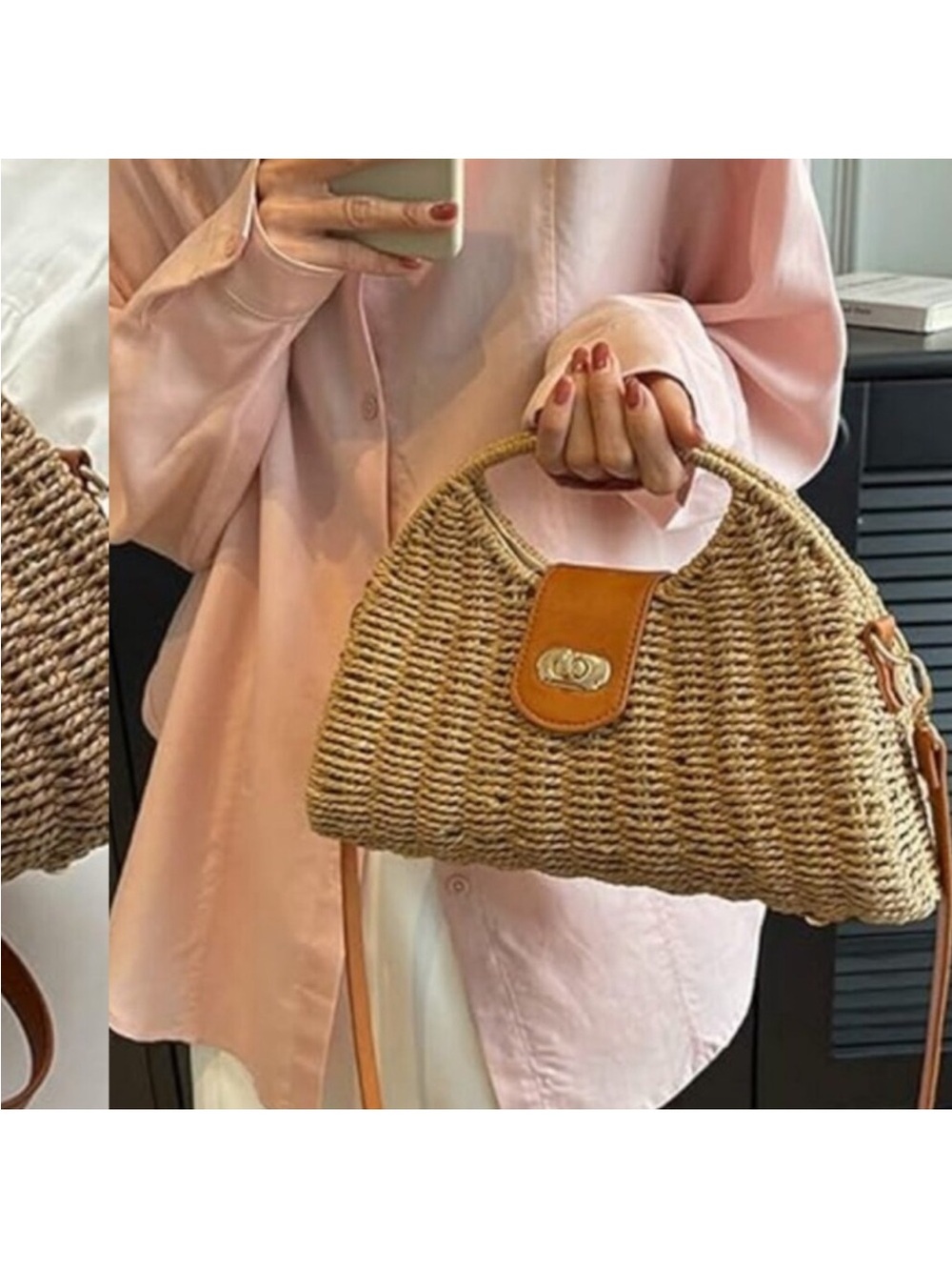 Straw Hand-woven Top-handle Crossbody Tote Bag - Picture 4 of 8